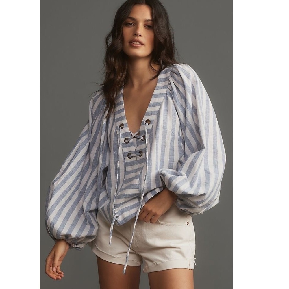Anthropologie Blue White Striped Linen Cotton Lace Up Balloon Sleeve Blouse M